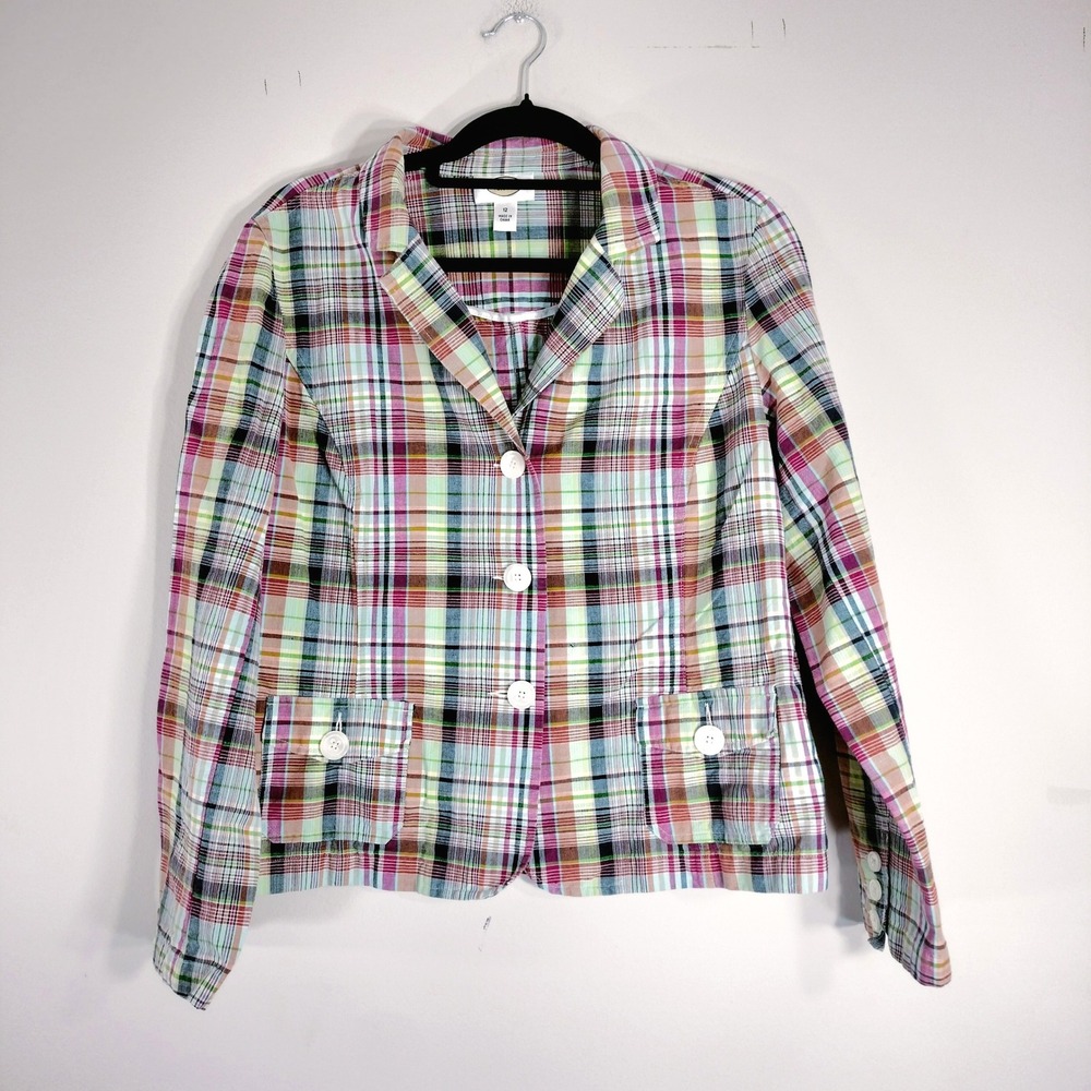 Talbots Multicolor Plaid Blazer; Cotton Flax Blend Button Front Jacket